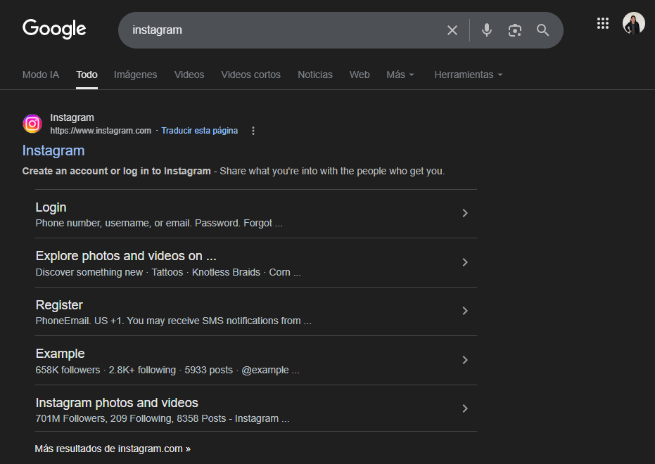 Buscar Instagram en Google